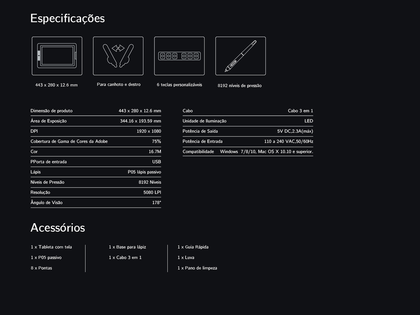 especificações do mesa digitalizadora com tela XP-Pen Artist 15.6