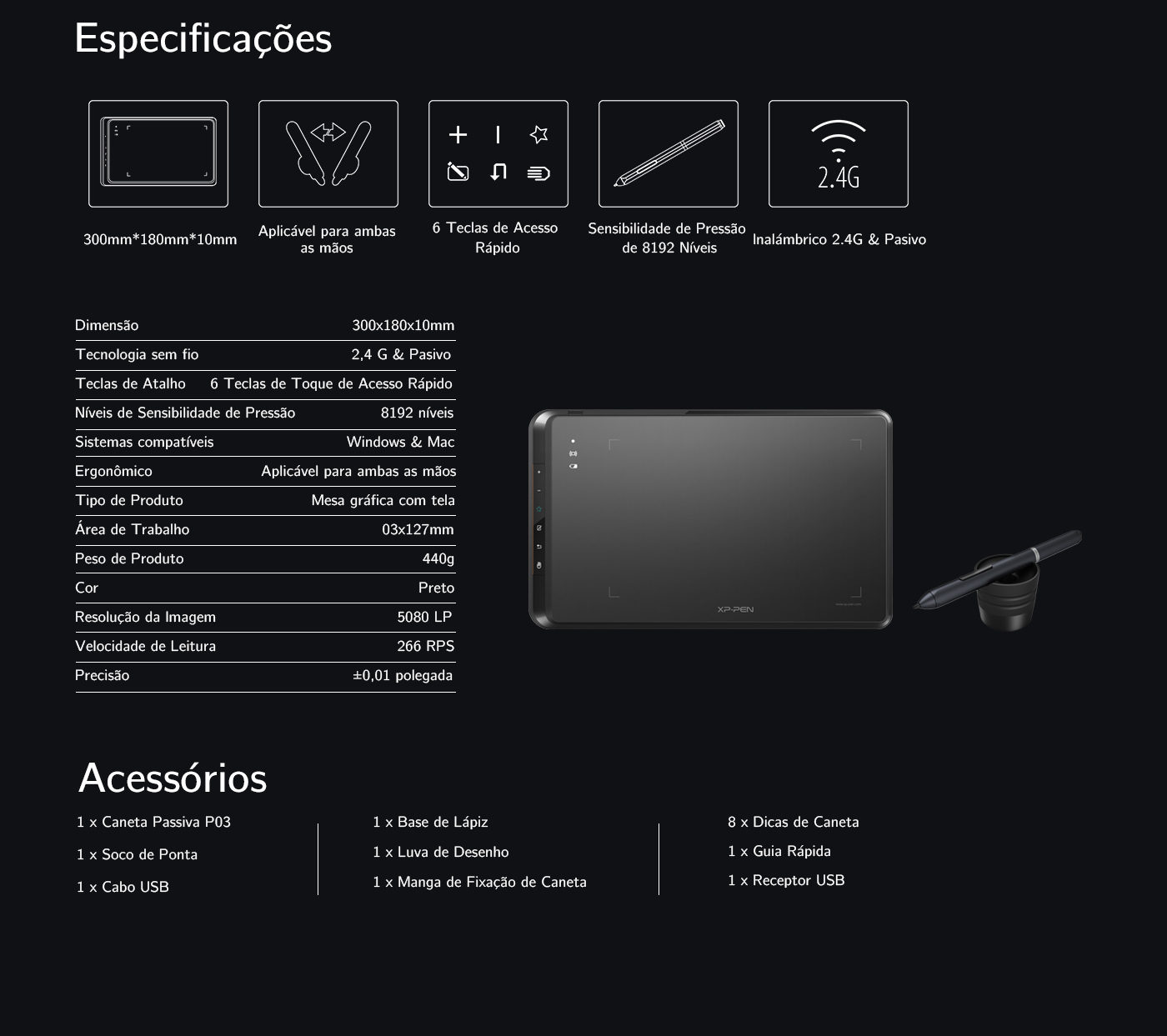 especificações especificações do mesa digitalizadora XP-Pen Star 05
